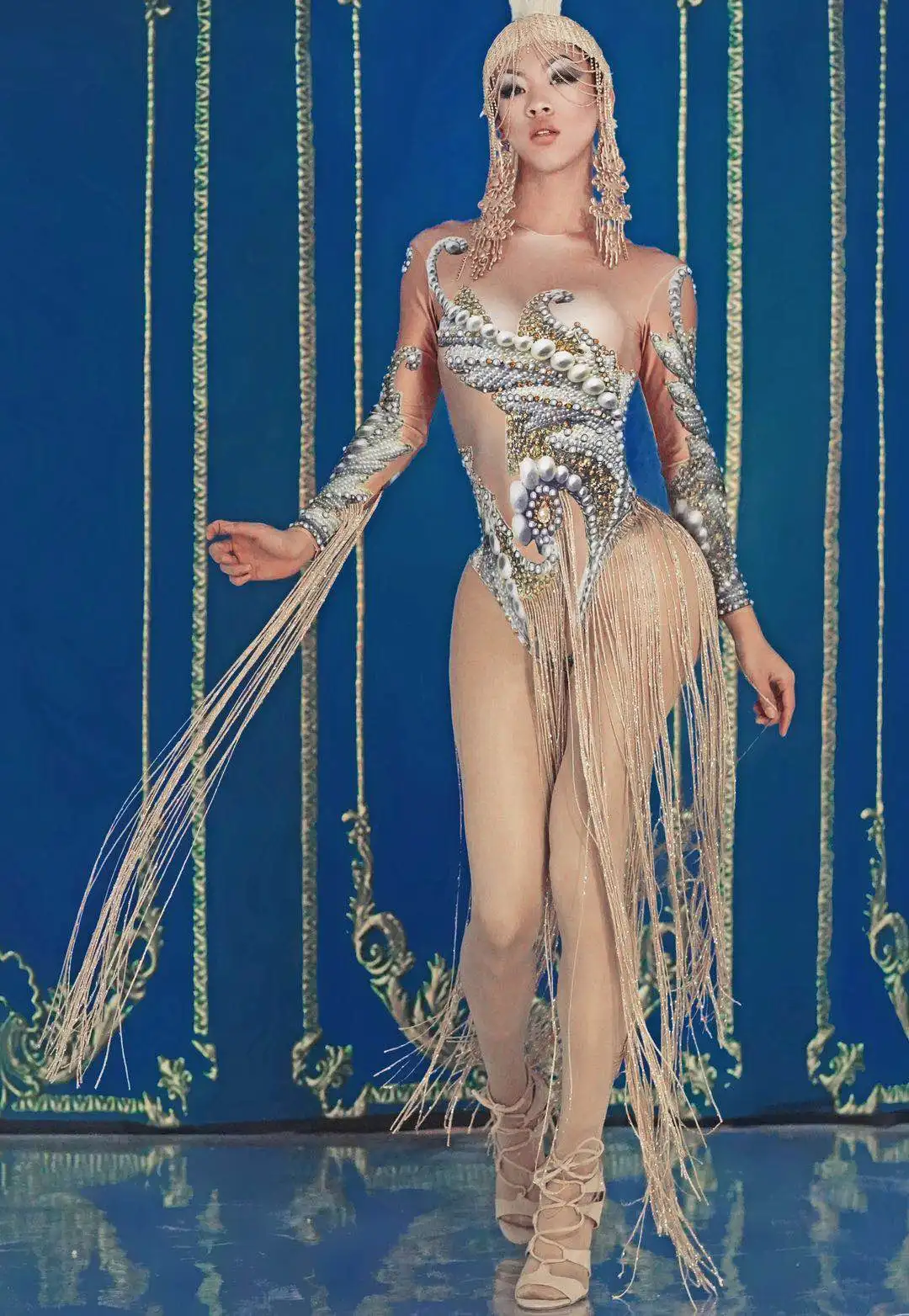 Женский новый модный костюм с золотой бахромой трико певец Dj для ночного клуба