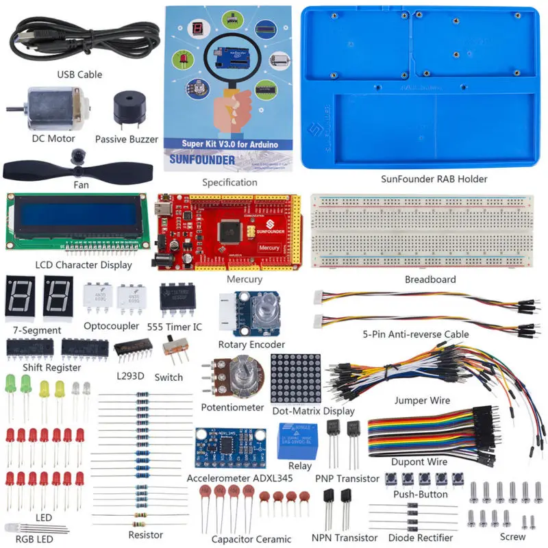Стартовый набор SunFounder Project Super V3.0 с платой Mercury и учебной книгой для Arduino UNO R3 Mega 2560 |