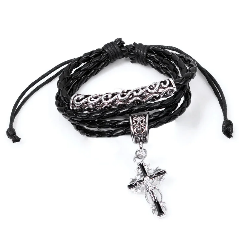 medieval retro style crucifix silver alloy bracelet black snake leather twine bracelete jewelry for women Free Shipping WD2041 | Украшения