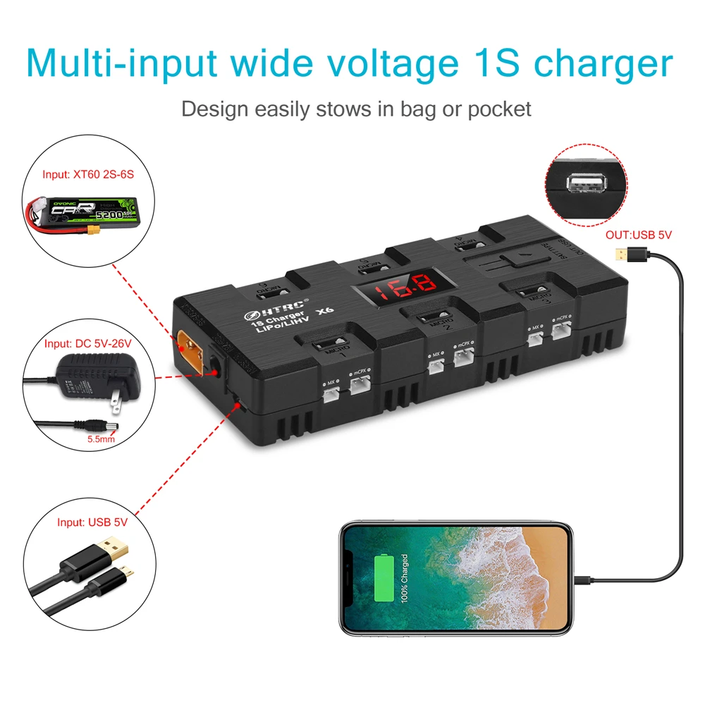 HTRC X6 1S LiHV LiPo зарядное устройство DC вход 6 26V каналов с микро MX MCPX JST порт для