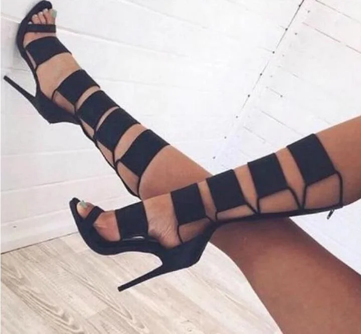 

Sexy Cut-out Black Leather Mid-calf High Heel Sandal Boots Sexy Zipper Gladiator Boots Peep Toe Cut-out Women Knee High Boots