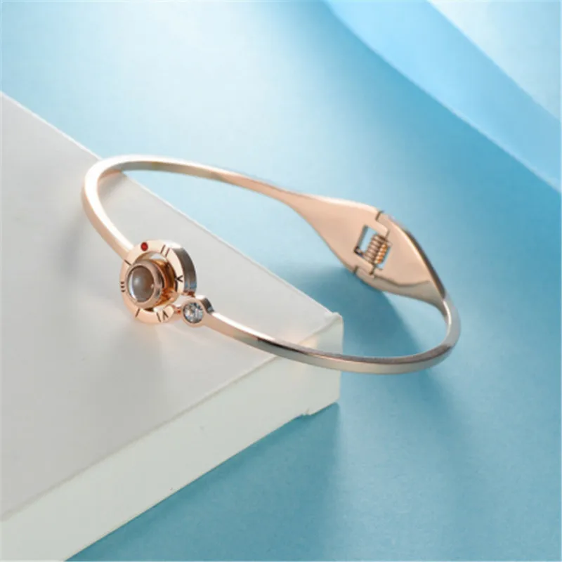 

Fashion Women 100 Languages I Love You Memory Chain Stainless Steel Rose Gold Roman Numerals Tears Crystal Charm Bracelet