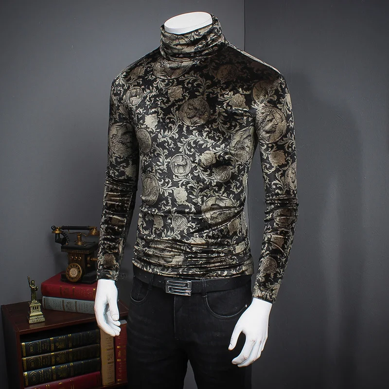 Цветочный узор Пейсли Золотая Бархатная футболка для мужчин Slim Fit с длинным рукавом черепаха шеи 5xl роскошный барокко Золотой Бархат под футболкой для мужчин