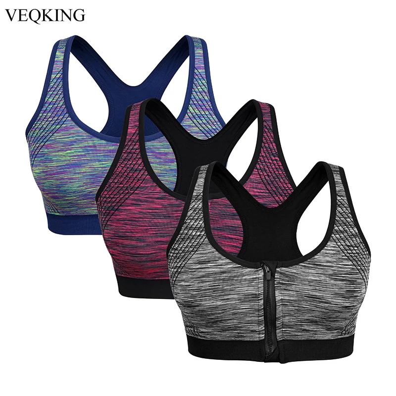 VEQKING Dyed Zipper Sports Bra Women Push Up Padded Wirefree Shockproof Gym Fitness Athletic Running Yoga Tops 3 Colors | Спорт и