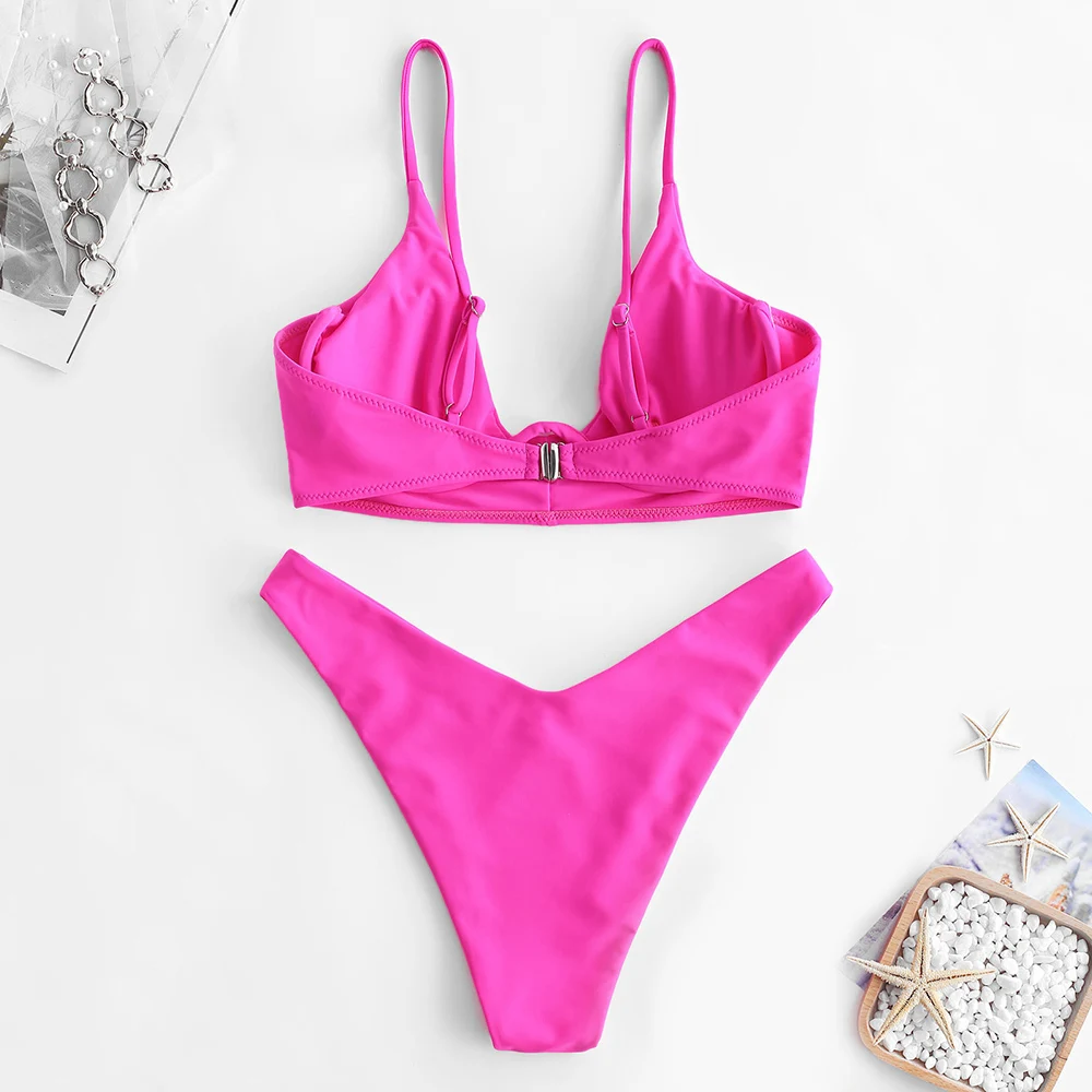 ZAFUL Bikini Underwire High Cut Neon Bikini Set Spaghetti Straps Padded Solid Swimsuit Women Swimwear Push Up Bathing Suit