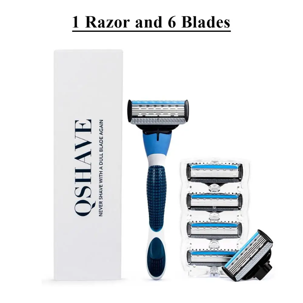 Бренд QShave, синяя мужская ручная бритва, триммер, лезвие, безопасное лезвие, Сделано в США, машинка, бритва, прямая эпиляция, эпилятор - Цвет: 1 Razor and 6 Blades