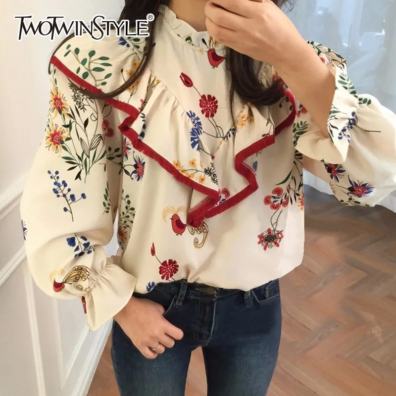 TWOTWINSTYLE рубашка с принтом женская оборками в стиле пэчворк со стоячим воротником
