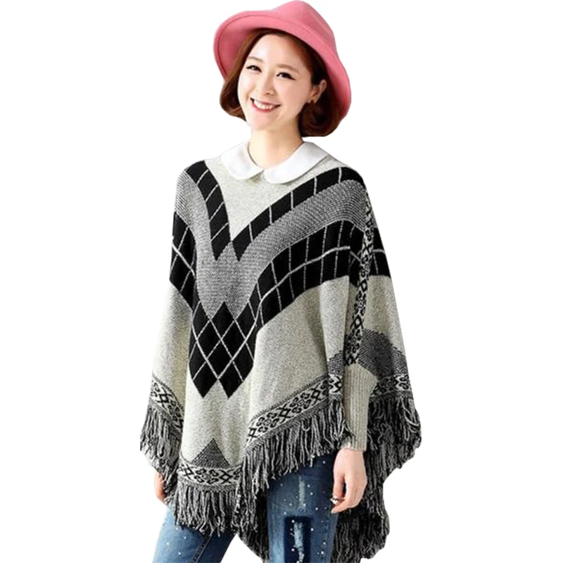 Poncho European American New Sweater Women Loose Bat Sleeve Shawl Fringed Cape Coat Big Yards Hedging Jumper Vestidos LXJ189 | Женская