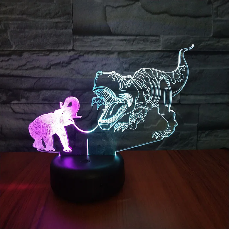 3d ночник в виде слона и тираннозавра креативный визуальный красочный светильник