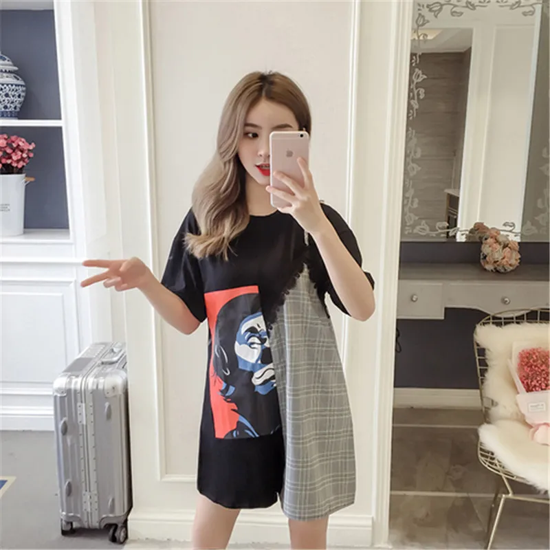 Летнее женское платье модное свободное черное белое в клетку с вышивкой