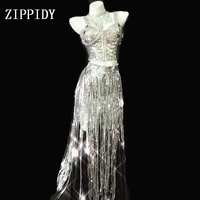 sparkly silver sequins bra fringes short dance outfit set women singer dancer wear shining stage costume birthday party