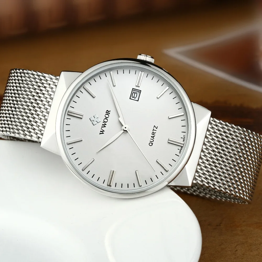 WWOOR Модные кварцевые мужские часы Авто Дата сетка нержавеющая сталь Бизнес
