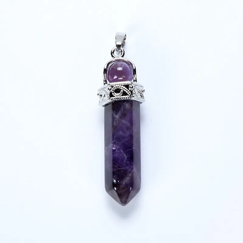 amethysts Ограненный природный камень Призма кулон с круглым бисером опал красный камень белый розовый прозрачный кристалл оникс Ляпис подвески для ожерелья - Окраска металла: amethysts