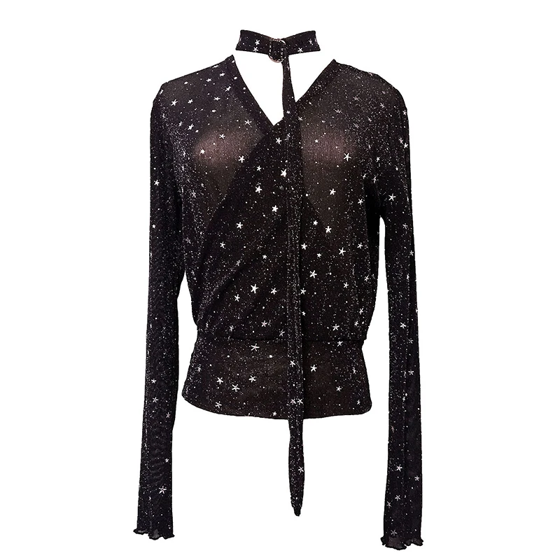 

lightning star pattern OL T-shirt halter long sleeves bottoming shirt 2018 new V collar yarn shirt tops