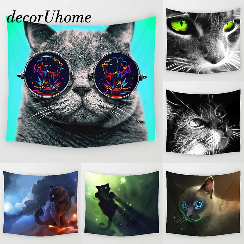 Оформление стены с тканевым ковром с принтом милого кота DecorUhome Cartoon Animal Tapestry Wall Hanging Decor Lovely Cat Printed Carpet Home Living.