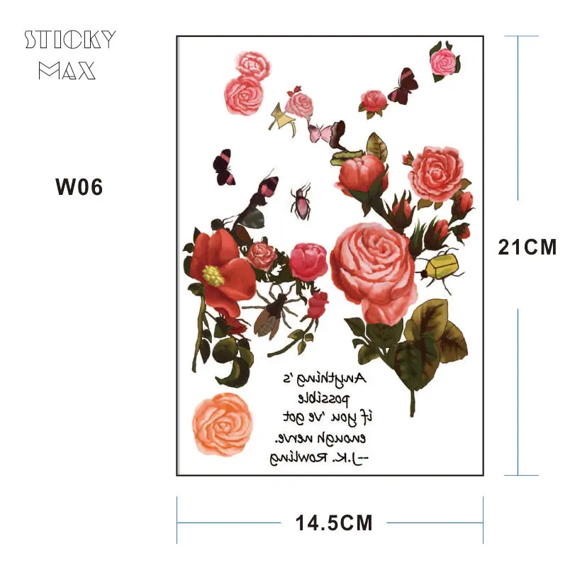 W06 1 шт. Натуральная Розовая красная роза и цветок камелии татуировка хной с