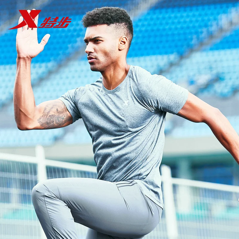 Мужская Спортивная Футболка Xtep, летняя, дышащая, для фитнеса, повседневная, мужская, для бега, эластичная футболка, мужская, для занятий спортом, футболка 881229019273
