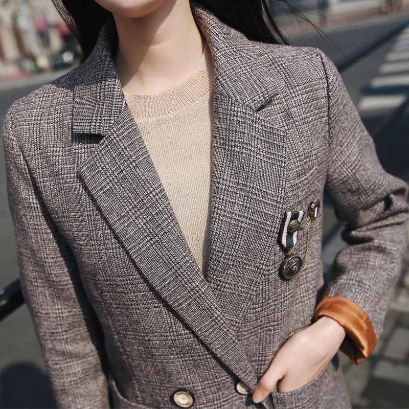 Женский шерстяной Блейзер в клетку осенне зимний плотный пиджак Костюмные