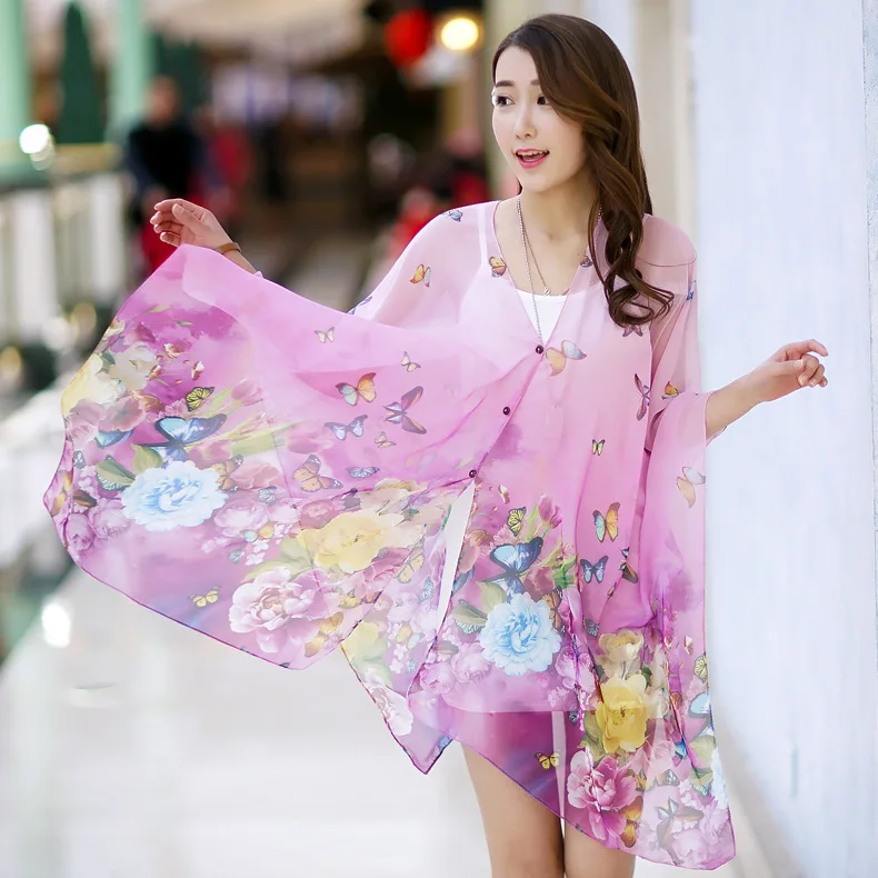 Женщины Шарф Шаль Весна Осень Женский Бабочка Шелковые Шарфы Печатных Летний