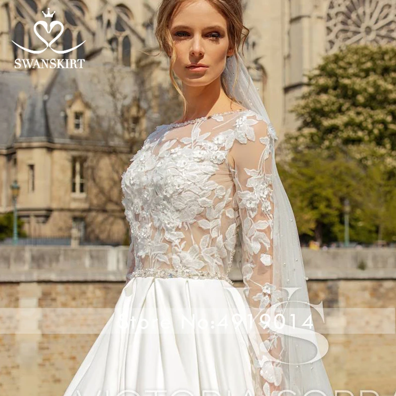 Swanskirt элегантное атласное свадебное платье с длинным рукавом и аппликацией из бисера ТРАПЕЦИЕВИДНОЕ платье для невесты принцессы Vestido de Noiva Z105