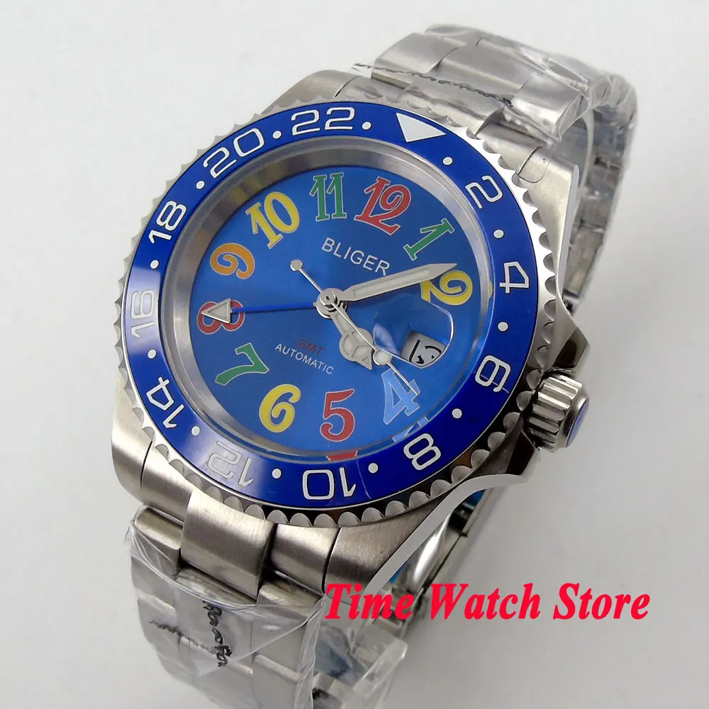 Bliger 40mm blue dial date colorful marks saphire glass Ceramic Bezel GMT Automatic movement Men's watch | Наручные часы