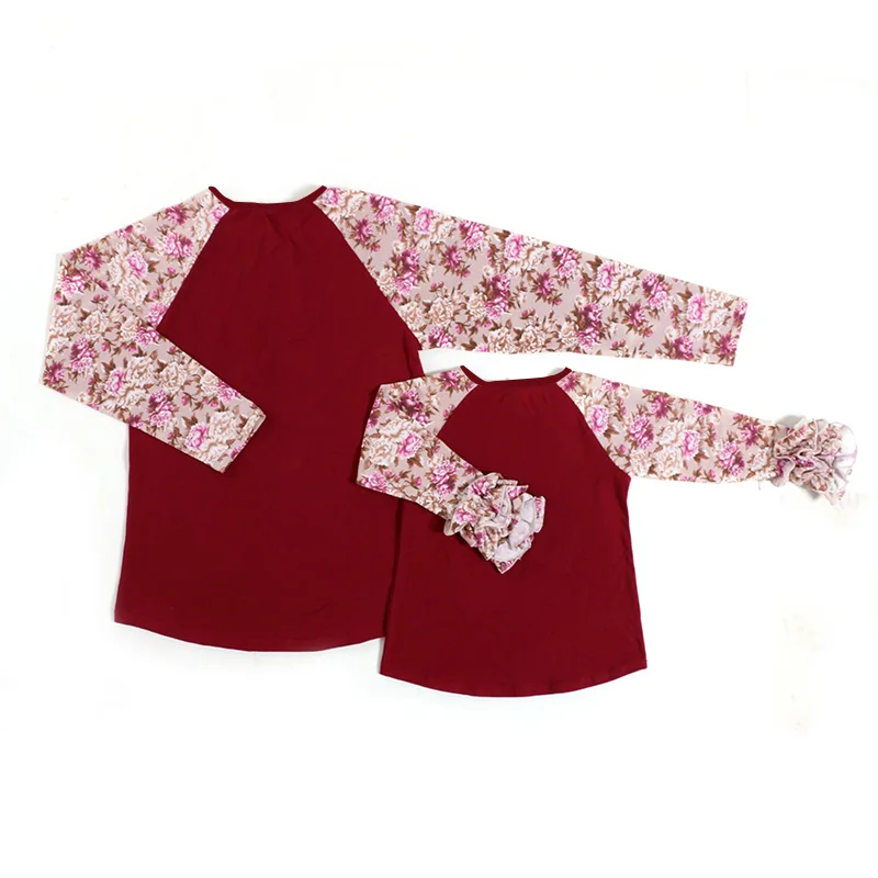 2017 Облегающая рубашка Raglans Цветочная с оборками для мамы и меня детей взрослых