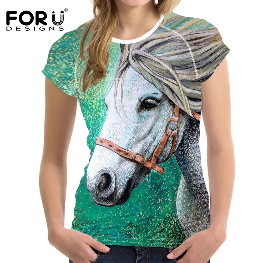 FORUDESIGNS/спортивные футболки для бега женщин с 3D принтом Crazy Horse Animal летняя женская