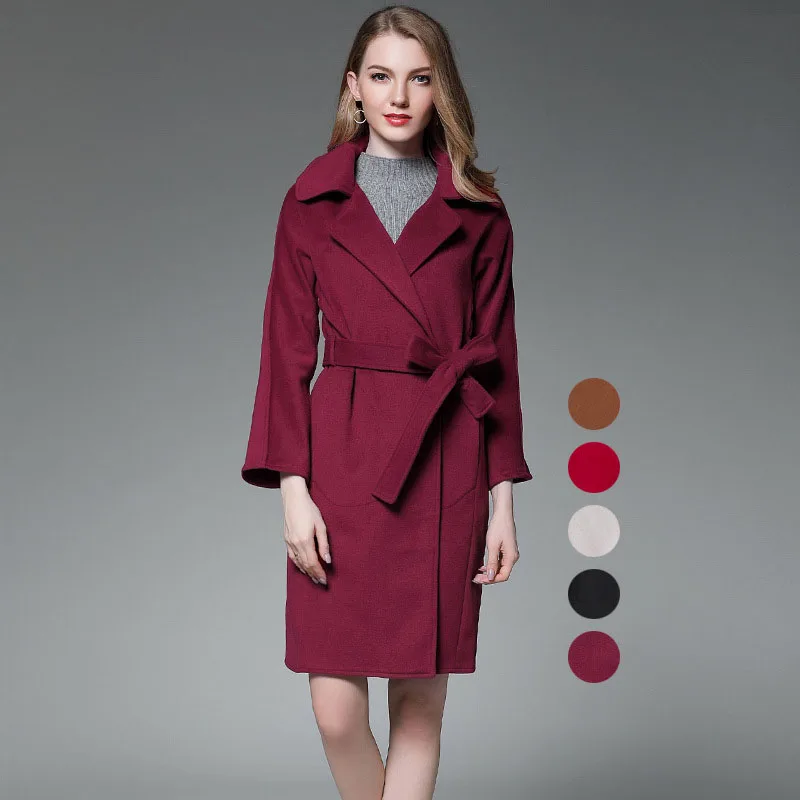 Женское шерстяное пальто с отложным воротником приталенное поясом Осень-зима 2019