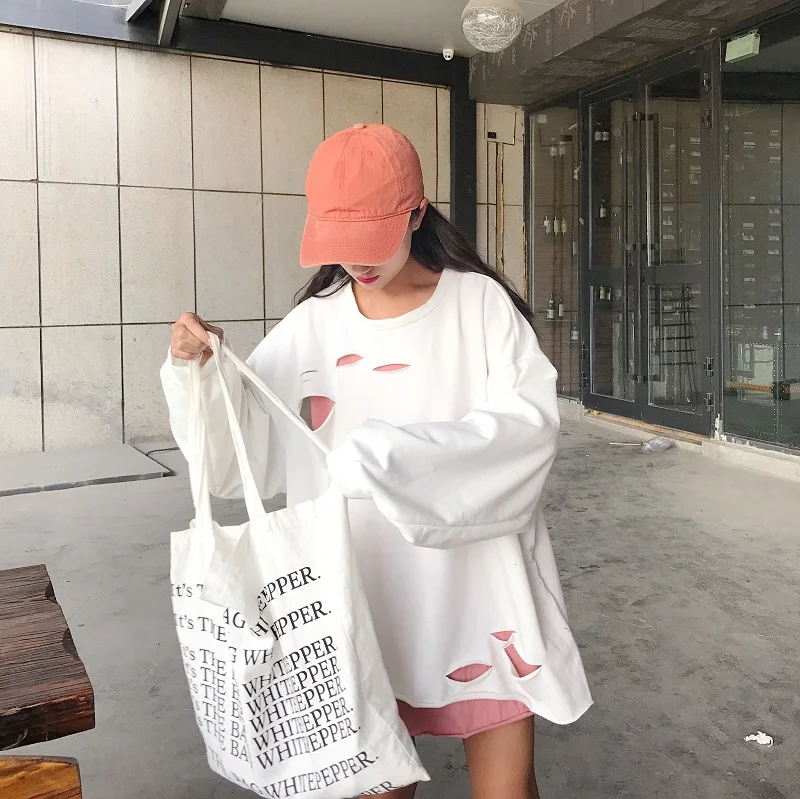 Модная толстовка с капюшоном Femme на осень в Корейском стиле Ulzzang Harajuku отверстие 2