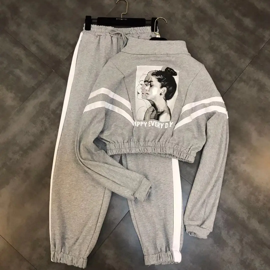 2019 Rushed Cotton Full Spring New Suit Stand Collar Long-sleeved Back Beauty Pattern Coat And Casual Trousers Two-piece Women |