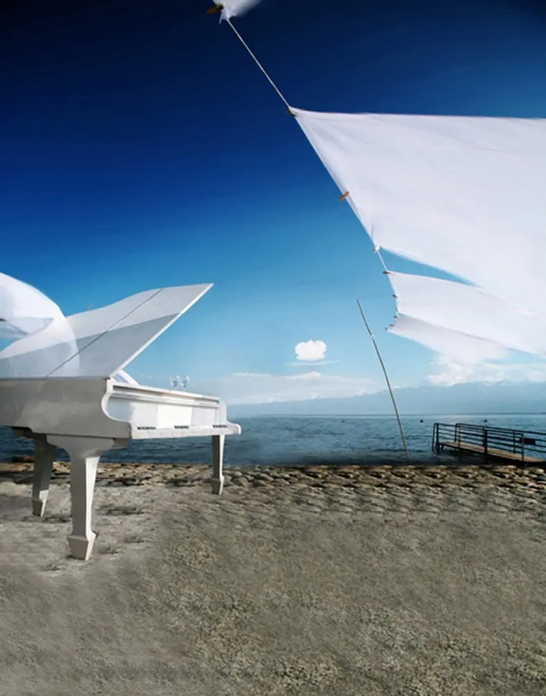 

5x7ft White Piano on Beach Sea Photography Backdrops Photo Props Studio Background