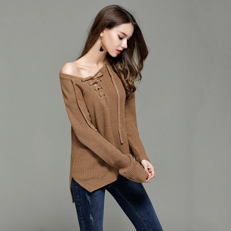 Осенне-зимний Однотонный свитер со шнуровкой и v-образным вырезом женская