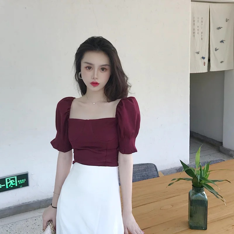 size S top RUGOD Новая Элегантная Женская однотонная винно-красная рубашка или белая тонкая юбка с квадратным воротником, рубашка с короткими рукавами с высокой талией - Цвет: size S top