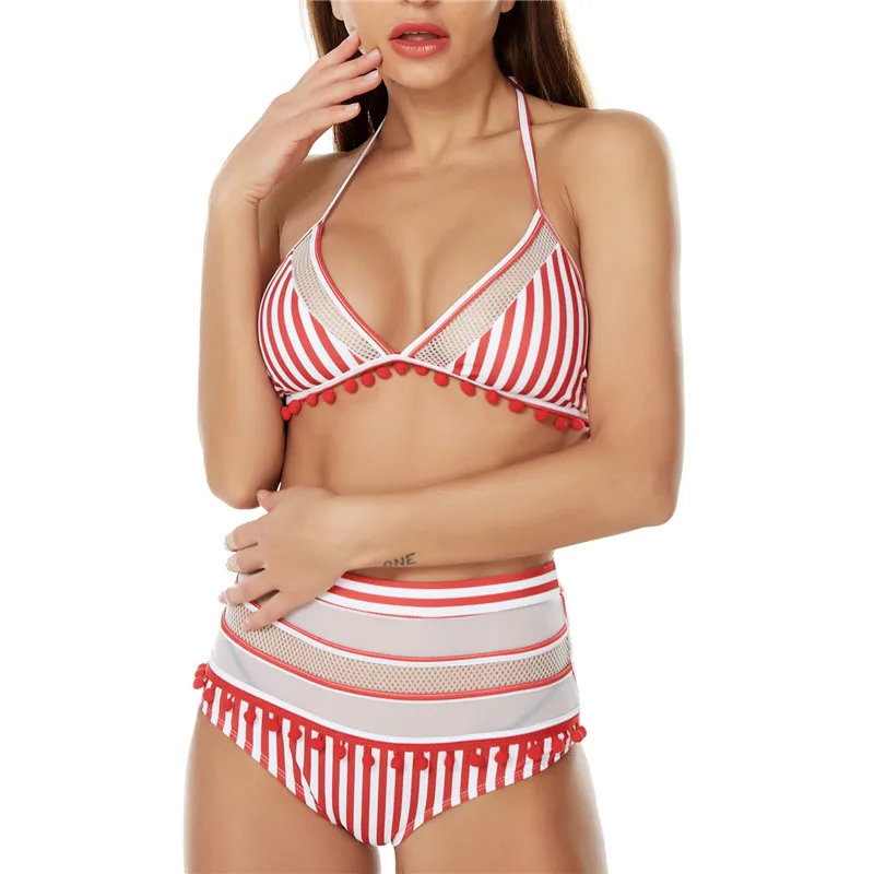 Red Striped Сексуальный купальник с лямкой через шею, Ретро стиль, сетчатый, с вырезами, бикини, купальник для женщин, высокая талия, размера плюс, купальник для женщин, бикини - Цвет: Red Striped