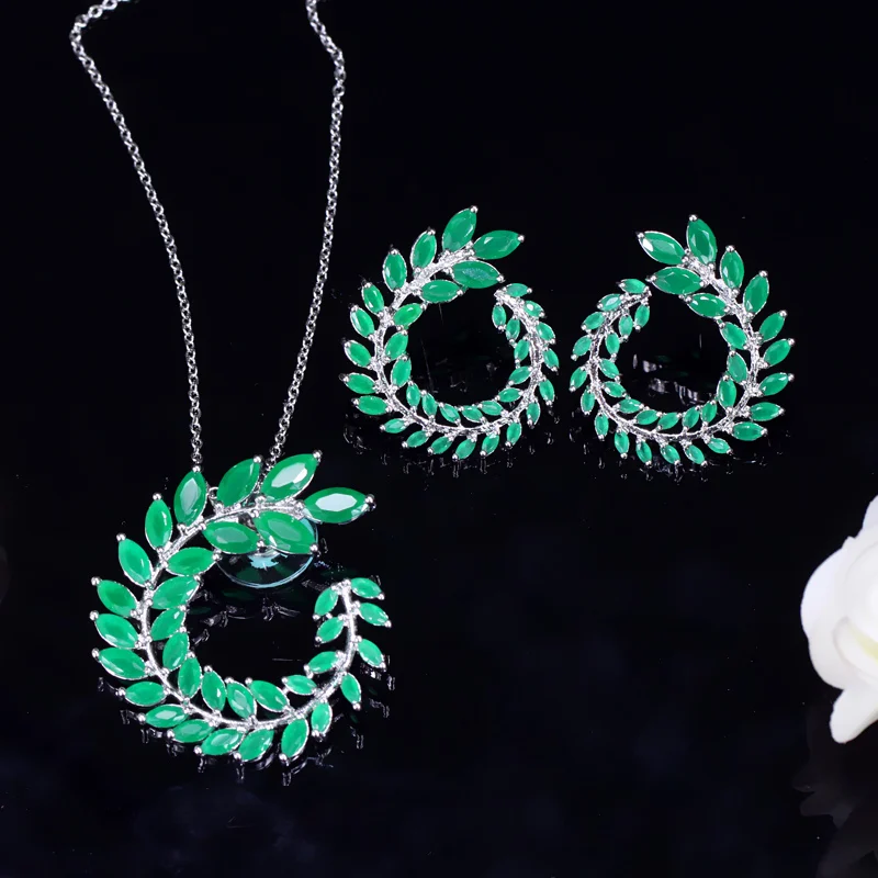 Женские серьги и кулон с зеленым кристаллом серебристого цвета|brand jewelry sets|fashion