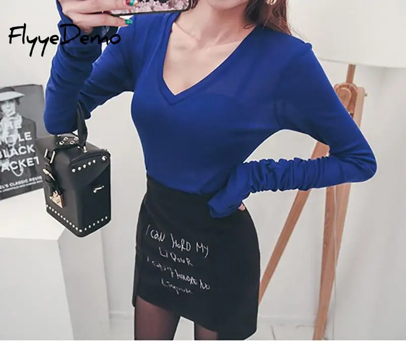 

Streetwear Sexy Women Long Sleeve T-shirt Sexy Deep V-neck Slim Fit Warm 2020 Autumn Spring Basic T-shirts Feminina Lady Tops