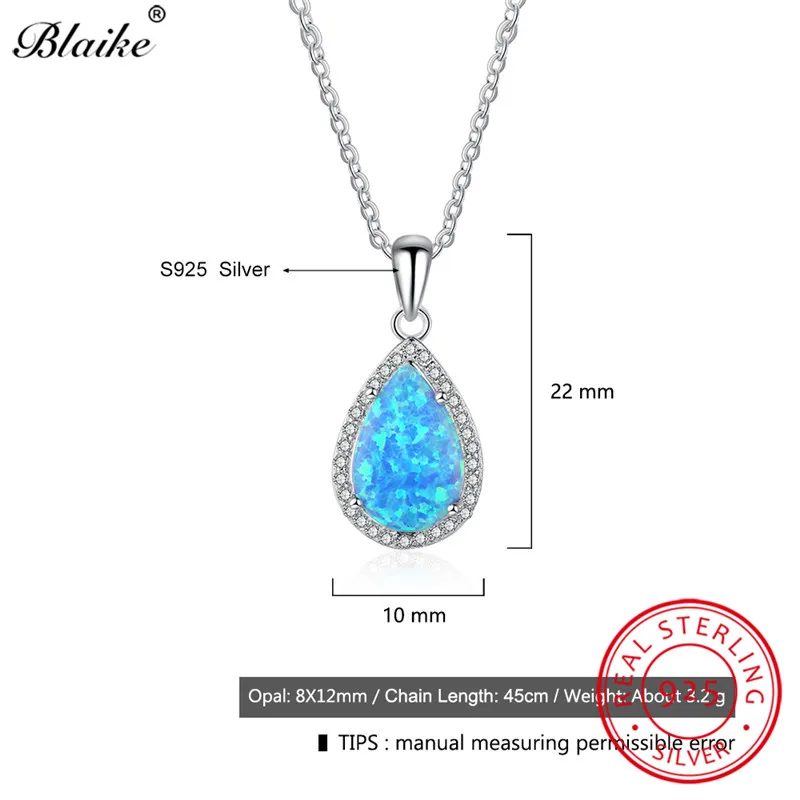 

Blaike Charming Blue Fire Opal Water Drop Pendants Women Fine Jewelry 100% Real S925 Sterling Silver Crystal Rainbow Necklace
