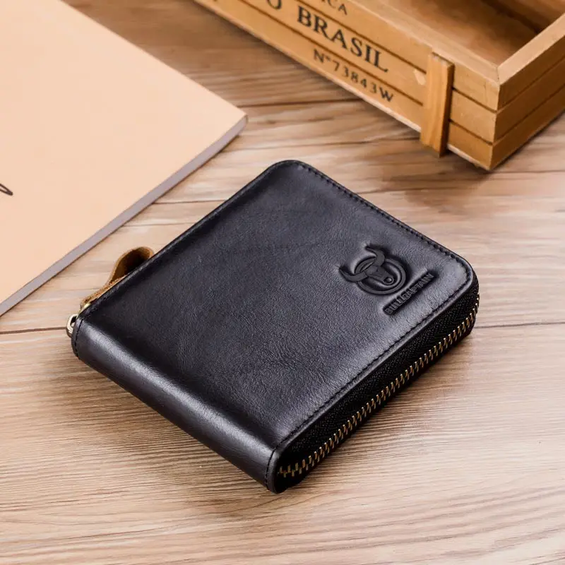 Black BULLCAPTAIN мужской кошелек из кожи RFID, брендовый кошелек, Ретро стиль, мужской короткий кошелек для монет, кошелек на молнии, держатель для карт, кошелек - Цвет: Black