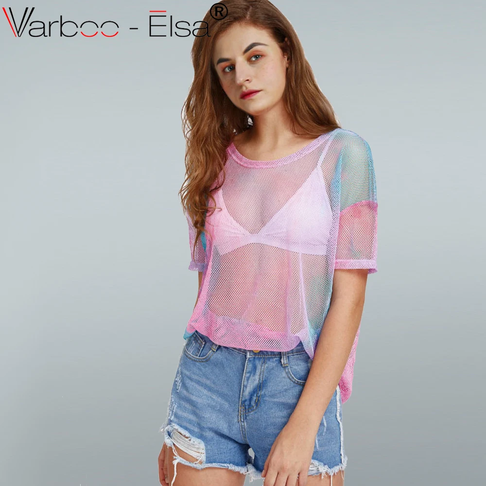 VARBOO_ELSA Для женщин Mesh T рубашка градиент цвета Перспектива Sheer рубашки женский Harajuku