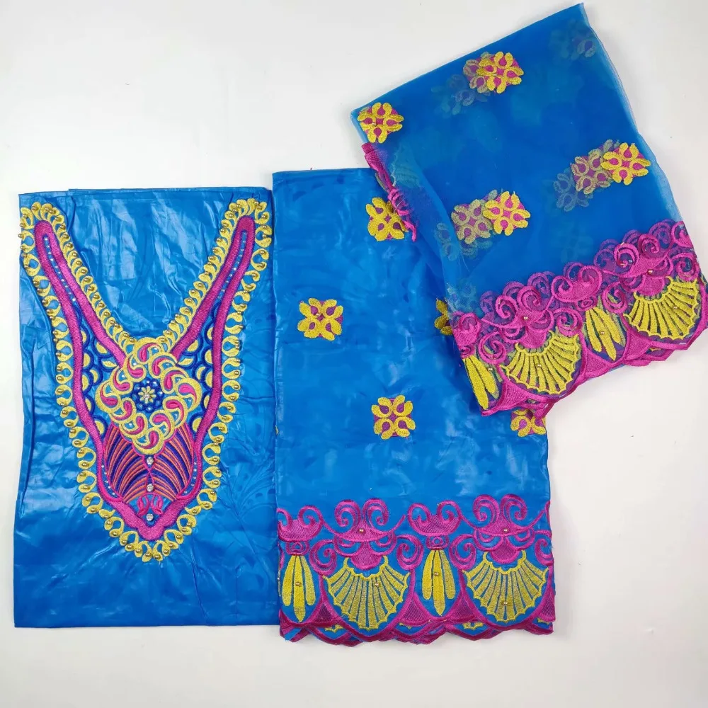 (3 + 2 ярдов) Индия Базен Riche Getzner кружевная ткань 2018 с блузкой зеленый цвет бисером