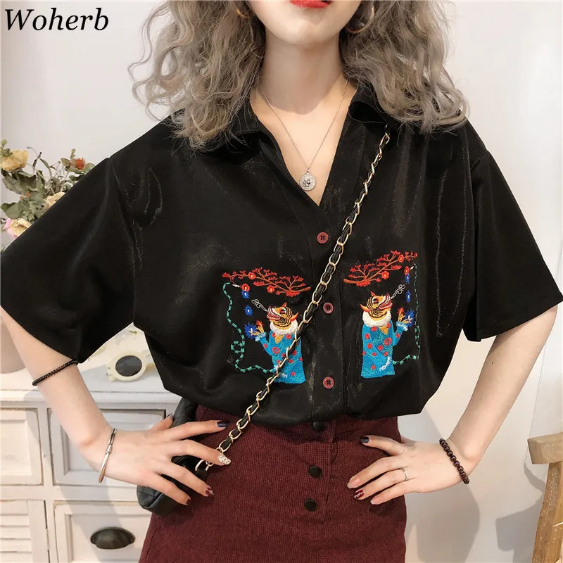 Woherb, Женские топы и блузки, Modis, тигровая вышивка, рубашка для девушек, винтажные, черные, летние топы, свободные, Blusas Femininas 21944