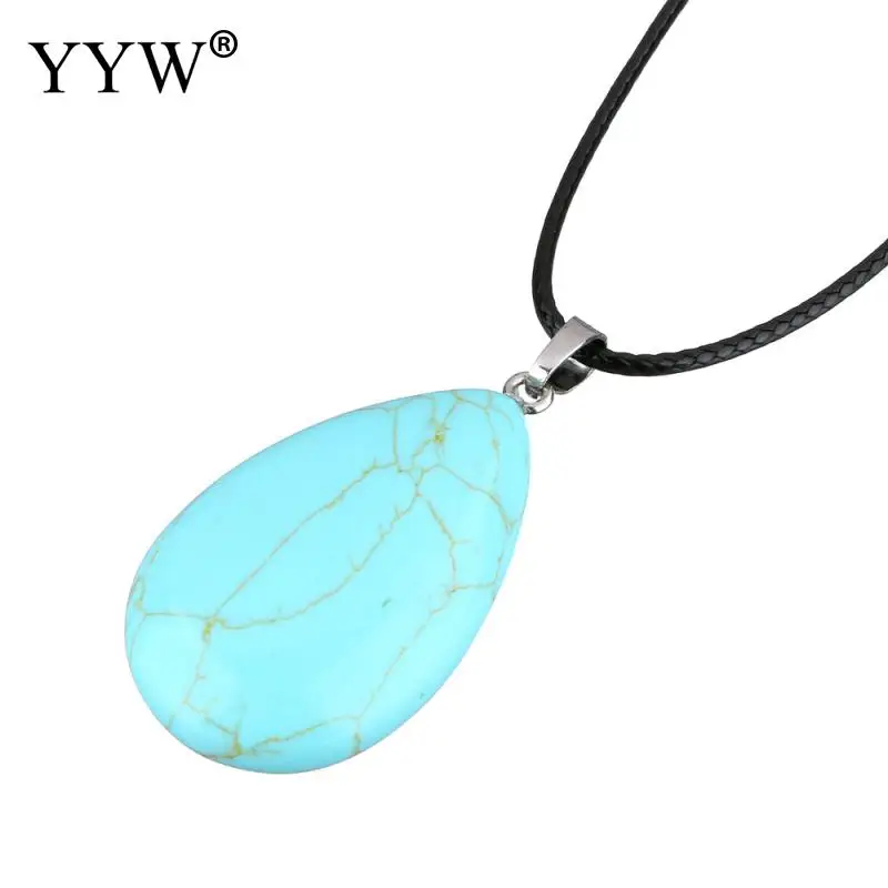 green turquoise Лидер продаж YYW женский натуральный драгоценный камень КАПЛЕВИДНАЯ кожа веревочное ожерелье-чокер Малахит кварц опал розовый камень кулон ожерелье s - Окраска металла: green turquoise