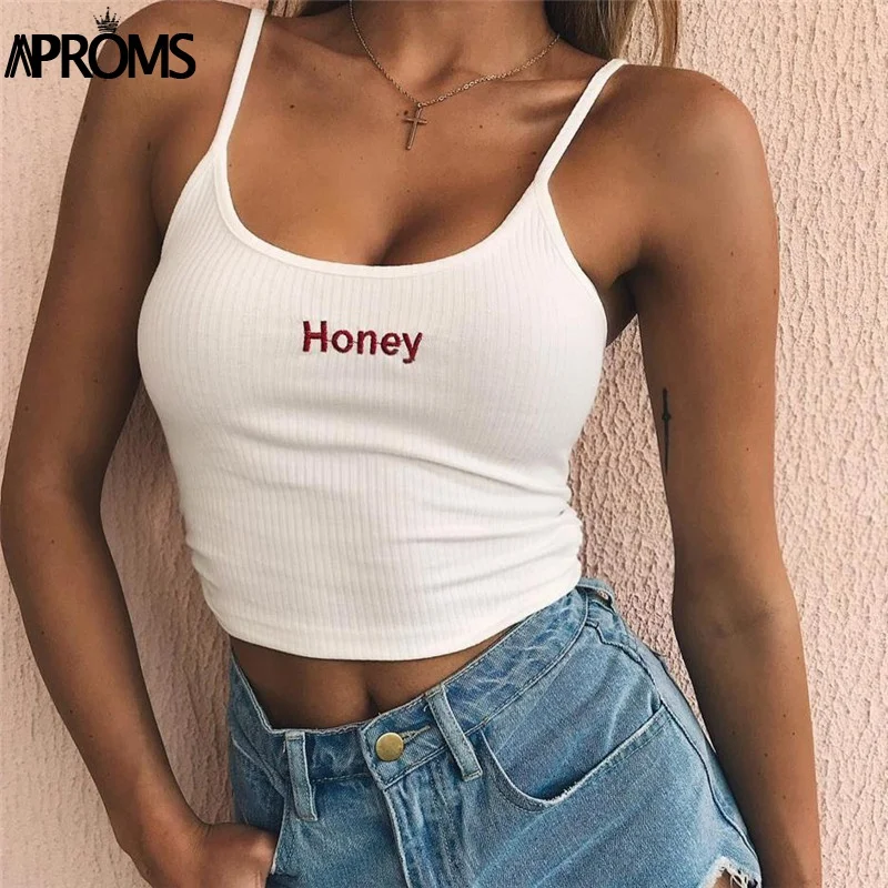 Aproms Прохладный Девушки Мёд Вышивка Майки Для женщин Мода рукавов основные топы пикантные короткие Ribbed Tee укороченный топ-бюстье