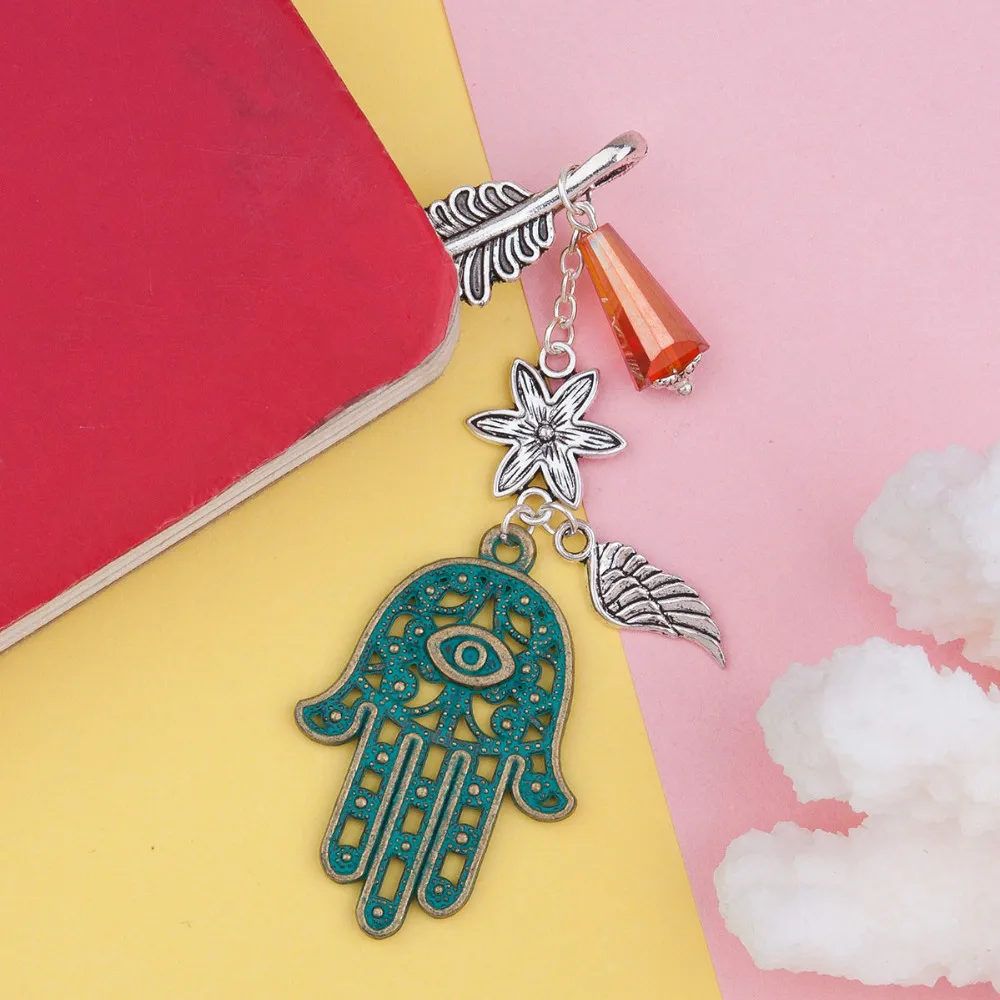 DoreenBeads Закладка Стрекоза Животное Античная бронзовая зеленая имитация бирюзового пера Рождественская Снежинка помпон, 1 штука