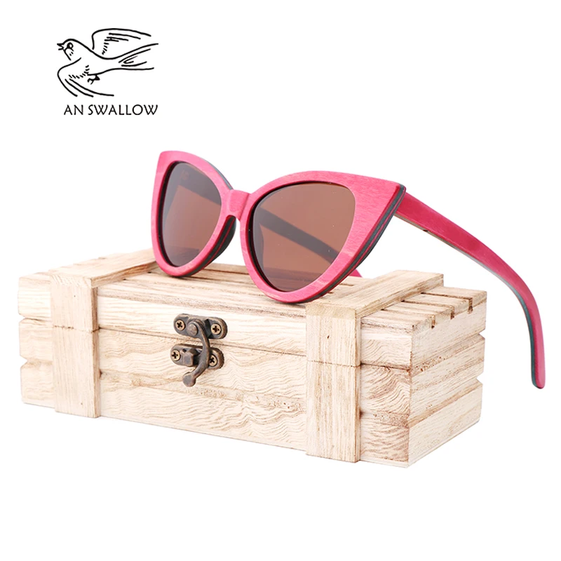 Женские солнцезащитные очки в деревянной оправе AN SWALLOW розовые с оправой ручной