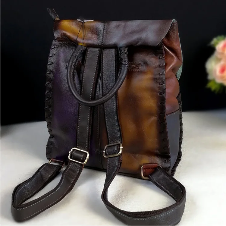 New High Quality Genuine Leather Backpacks Colorful Women Vintage Students Bag Female Handmade Leather School Bags