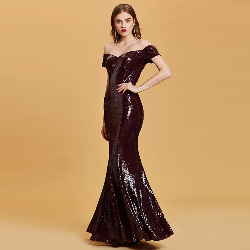 Женское вечернее платье Tanpell бордовое с открытыми плечами блестками в пол