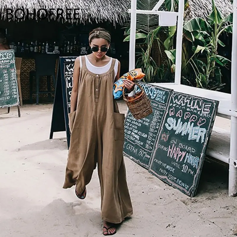 BOHOFREE льняной хлопковый Свободный Повседневный Комбинезон богемные комбинезоны