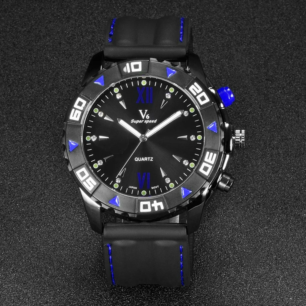 

V6 Luxury Men's Watch Black Silicone Strap Pin Buckle Military Shockproof Waterproof Watch Quartz Sports Man Watch reloj hombre