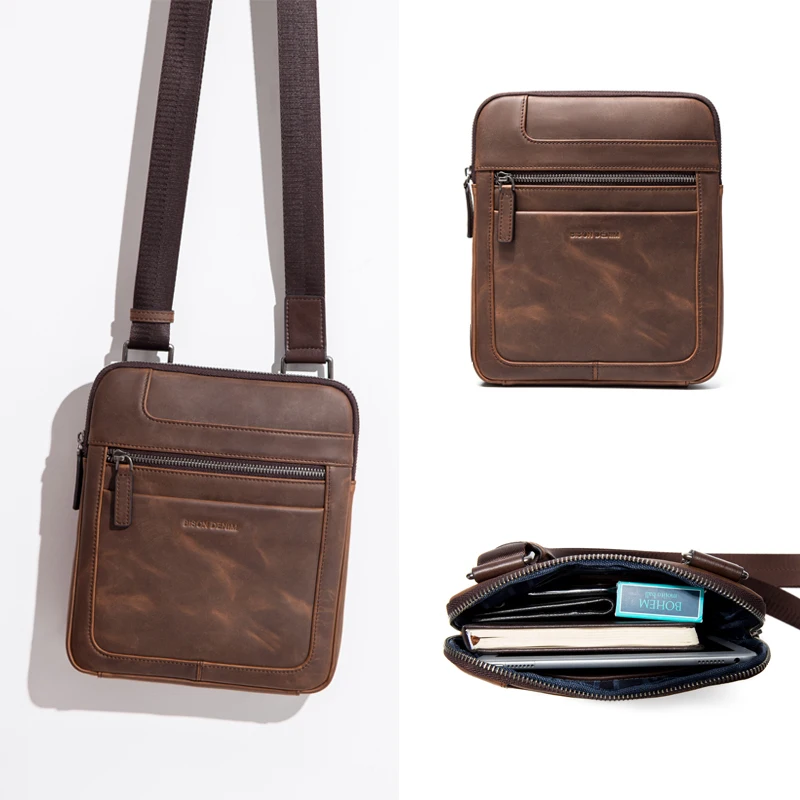 Мужская сумка Кроссбоди BISON DENIM из натуральной кожи деловая через плечо для iPad W2926|